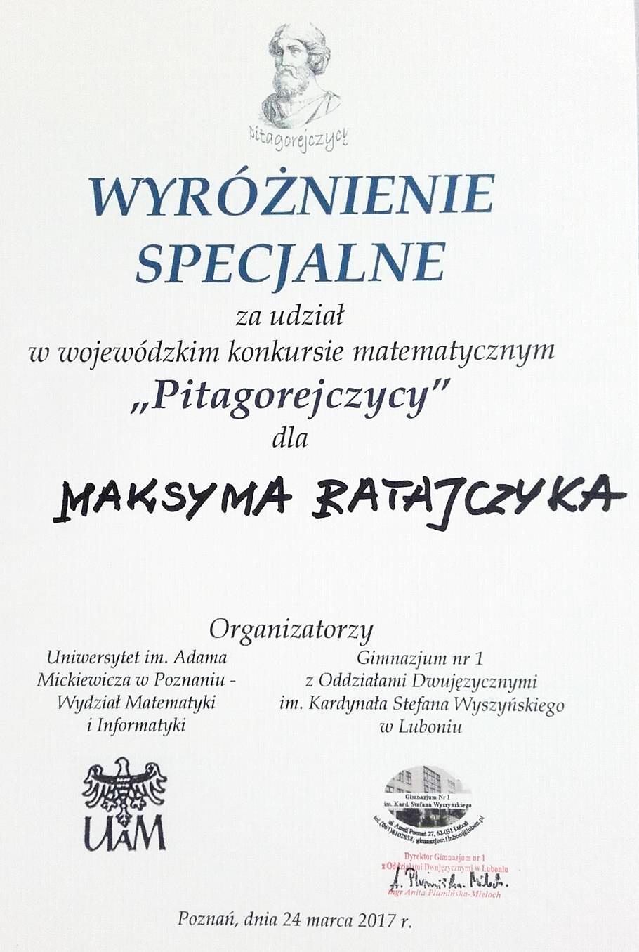 Dyplom Maksyma Ratajczyka